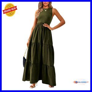 Sleeveless Maxi Dress with Pockets, Ribbed Knit Top, Polyester Skirt